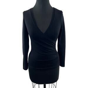 Bordeaux Seamless Black Wrap Blouse Stretch Ruched Deep V-Neck Party/Cocktail